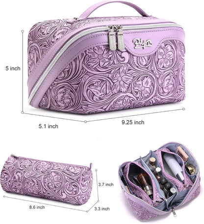 Travel Makeup Bags Cosmetic Organizer Bag: 3-Set Large Capacity Make up Bag - PU Leather Toiletry Bags for Women - Wide Open Portable Pouch with Divider & Handle (02-Light Green)