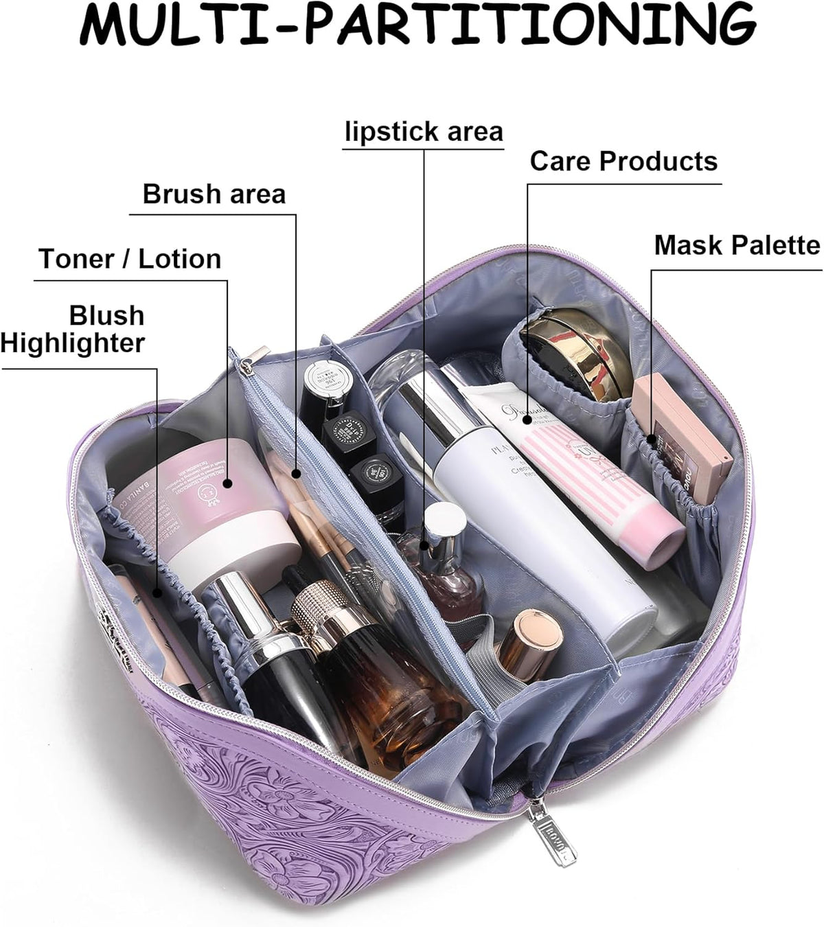 Travel Makeup Bags Cosmetic Organizer Bag: 3-Set Large Capacity Make up Bag - PU Leather Toiletry Bags for Women - Wide Open Portable Pouch with Divider & Handle (02-Light Green)