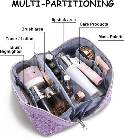 Travel Makeup Bags Cosmetic Organizer Bag: 3-Set Large Capacity Make up Bag - PU Leather Toiletry Bags for Women - Wide Open Portable Pouch with Divider & Handle (02-Light Green)