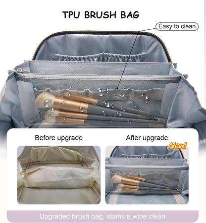 Travel Makeup Bags Cosmetic Organizer Bag: 3-Set Large Capacity Make up Bag - PU Leather Toiletry Bags for Women - Wide Open Portable Pouch with Divider & Handle (02-Light Green)
