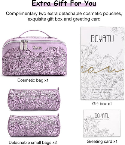 Travel Makeup Bags Cosmetic Organizer Bag: 3-Set Large Capacity Make up Bag - PU Leather Toiletry Bags for Women - Wide Open Portable Pouch with Divider & Handle (02-Light Green)