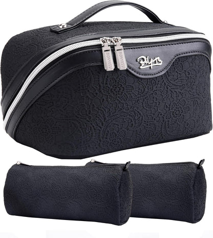 Travel Makeup Bags Cosmetic Organizer Bag: 3-Set Large Capacity Make up Bag - PU Leather Toiletry Bags for Women - Wide Open Portable Pouch with Divider & Handle (02-Light Green)