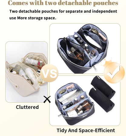 Travel Makeup Bags Cosmetic Organizer Bag: 3-Set Large Capacity Make up Bag - PU Leather Toiletry Bags for Women - Wide Open Portable Pouch with Divider & Handle (02-Light Green)