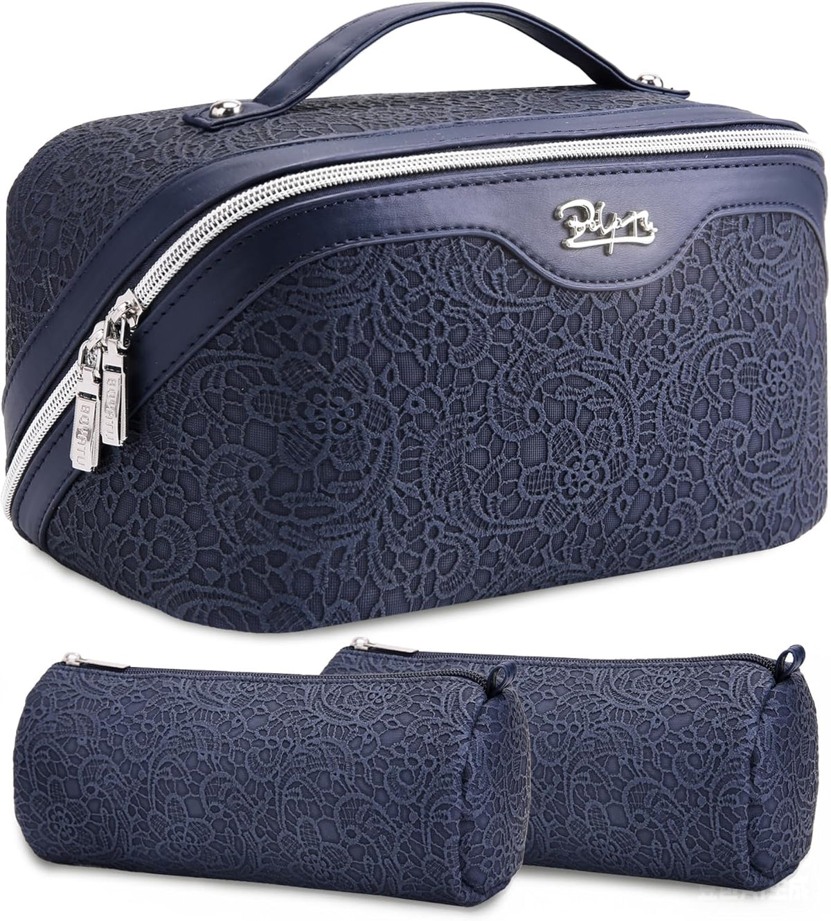 Travel Makeup Bags Cosmetic Organizer Bag: 3-Set Large Capacity Make up Bag - PU Leather Toiletry Bags for Women - Wide Open Portable Pouch with Divider & Handle (02-Light Green)