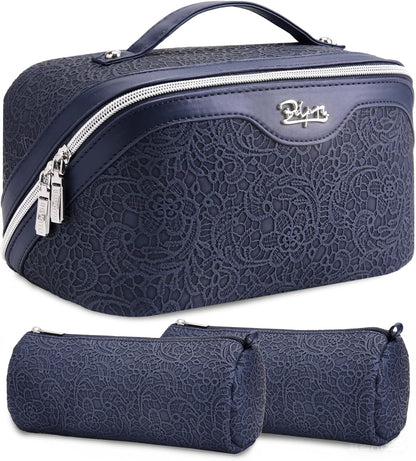 Travel Makeup Bags Cosmetic Organizer Bag: 3-Set Large Capacity Make up Bag - PU Leather Toiletry Bags for Women - Wide Open Portable Pouch with Divider & Handle (02-Light Green)