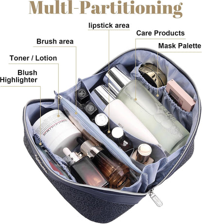 Travel Makeup Bags Cosmetic Organizer Bag: 3-Set Large Capacity Make up Bag - PU Leather Toiletry Bags for Women - Wide Open Portable Pouch with Divider & Handle (02-Light Green)