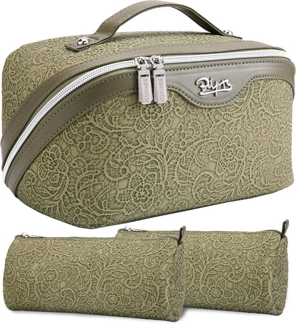 Travel Makeup Bags Cosmetic Organizer Bag: 3-Set Large Capacity Make up Bag - PU Leather Toiletry Bags for Women - Wide Open Portable Pouch with Divider & Handle (02-Light Green)