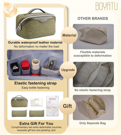 Travel Makeup Bags Cosmetic Organizer Bag: 3-Set Large Capacity Make up Bag - PU Leather Toiletry Bags for Women - Wide Open Portable Pouch with Divider & Handle (02-Light Green)