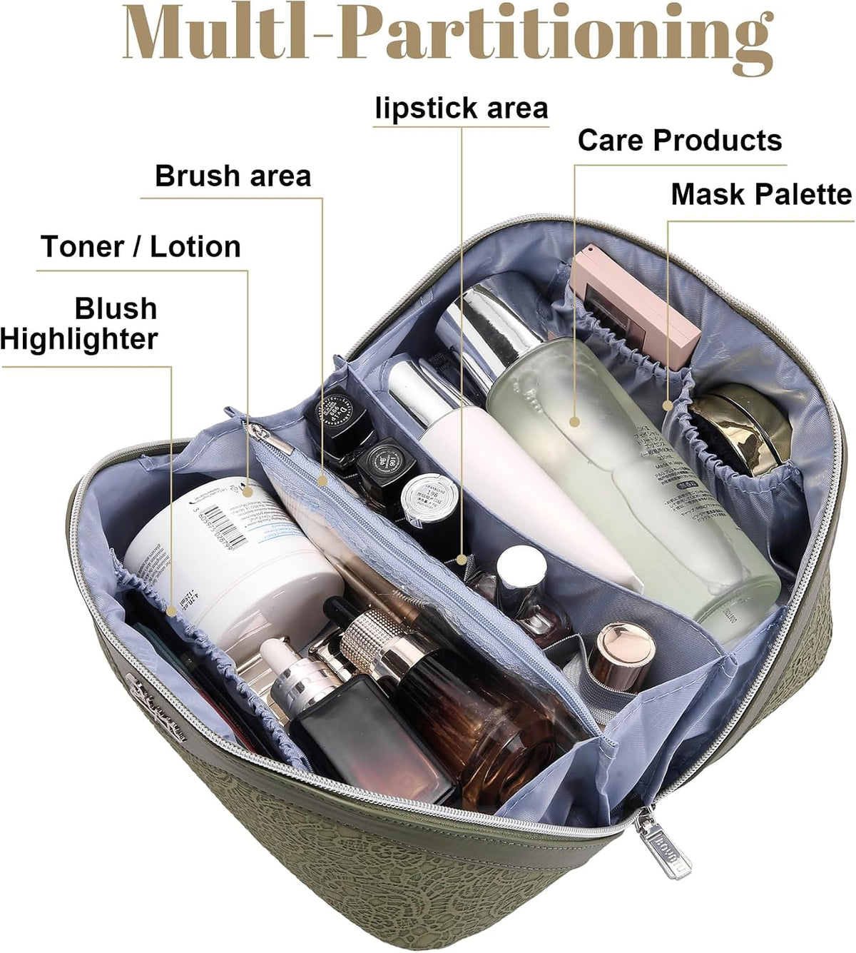 Travel Makeup Bags Cosmetic Organizer Bag: 3-Set Large Capacity Make up Bag - PU Leather Toiletry Bags for Women - Wide Open Portable Pouch with Divider & Handle (02-Light Green)