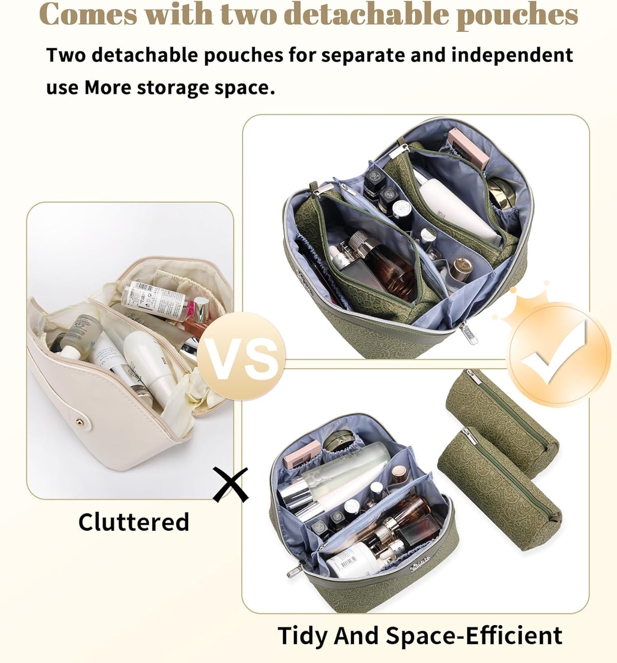 Travel Makeup Bags Cosmetic Organizer Bag: 3-Set Large Capacity Make up Bag - PU Leather Toiletry Bags for Women - Wide Open Portable Pouch with Divider & Handle (02-Light Green)