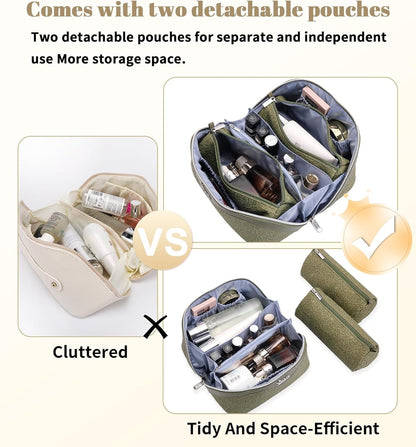 Travel Makeup Bags Cosmetic Organizer Bag: 3-Set Large Capacity Make up Bag - PU Leather Toiletry Bags for Women - Wide Open Portable Pouch with Divider & Handle (02-Light Green)