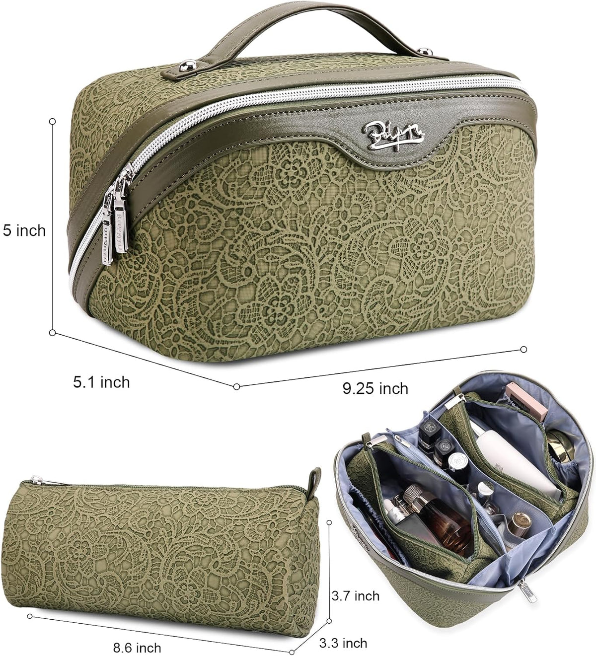 Travel Makeup Bags Cosmetic Organizer Bag: 3-Set Large Capacity Make up Bag - PU Leather Toiletry Bags for Women - Wide Open Portable Pouch with Divider & Handle (02-Light Green)