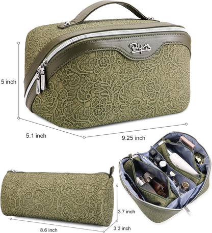 Travel Makeup Bags Cosmetic Organizer Bag: 3-Set Large Capacity Make up Bag - PU Leather Toiletry Bags for Women - Wide Open Portable Pouch with Divider & Handle (02-Light Green)
