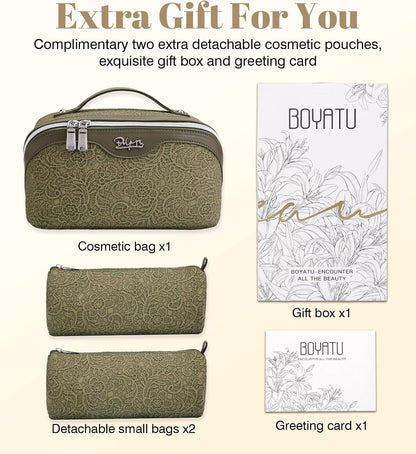 Travel Makeup Bags Cosmetic Organizer Bag: 3-Set Large Capacity Make up Bag - PU Leather Toiletry Bags for Women - Wide Open Portable Pouch with Divider & Handle (02-Light Green)