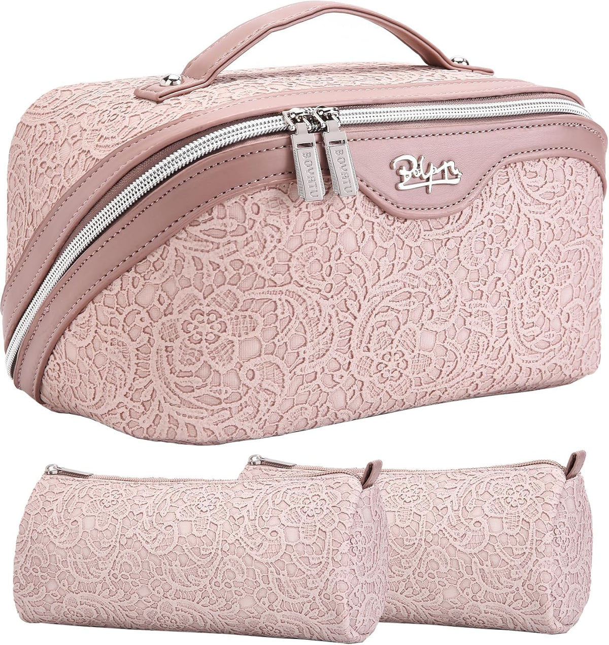 Travel Makeup Bags Cosmetic Organizer Bag: 3-Set Large Capacity Make up Bag - PU Leather Toiletry Bags for Women - Wide Open Portable Pouch with Divider & Handle (02-Light Green)