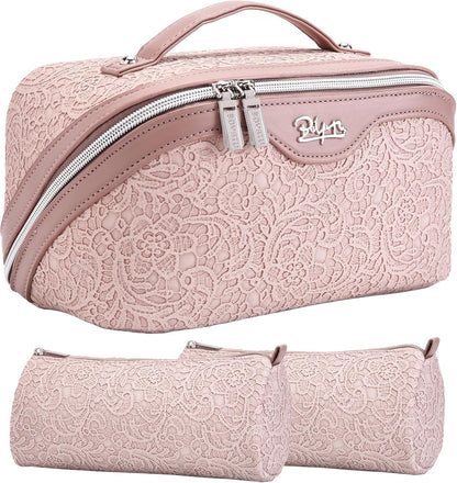 Travel Makeup Bags Cosmetic Organizer Bag: 3-Set Large Capacity Make up Bag - PU Leather Toiletry Bags for Women - Wide Open Portable Pouch with Divider & Handle (02-Light Green)
