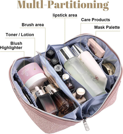 Travel Makeup Bags Cosmetic Organizer Bag: 3-Set Large Capacity Make up Bag - PU Leather Toiletry Bags for Women - Wide Open Portable Pouch with Divider & Handle (02-Light Green)