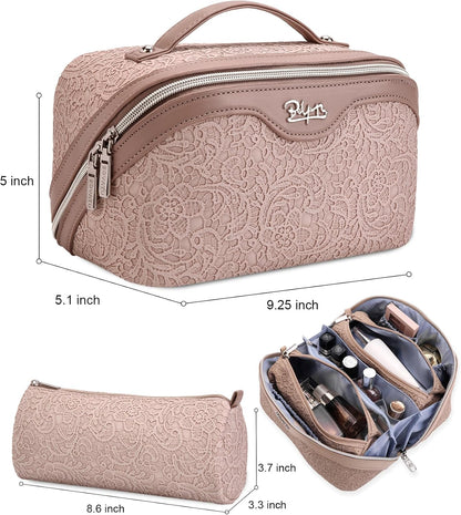Travel Makeup Bags Cosmetic Organizer Bag: 3-Set Large Capacity Make up Bag - PU Leather Toiletry Bags for Women - Wide Open Portable Pouch with Divider & Handle (02-Light Green)