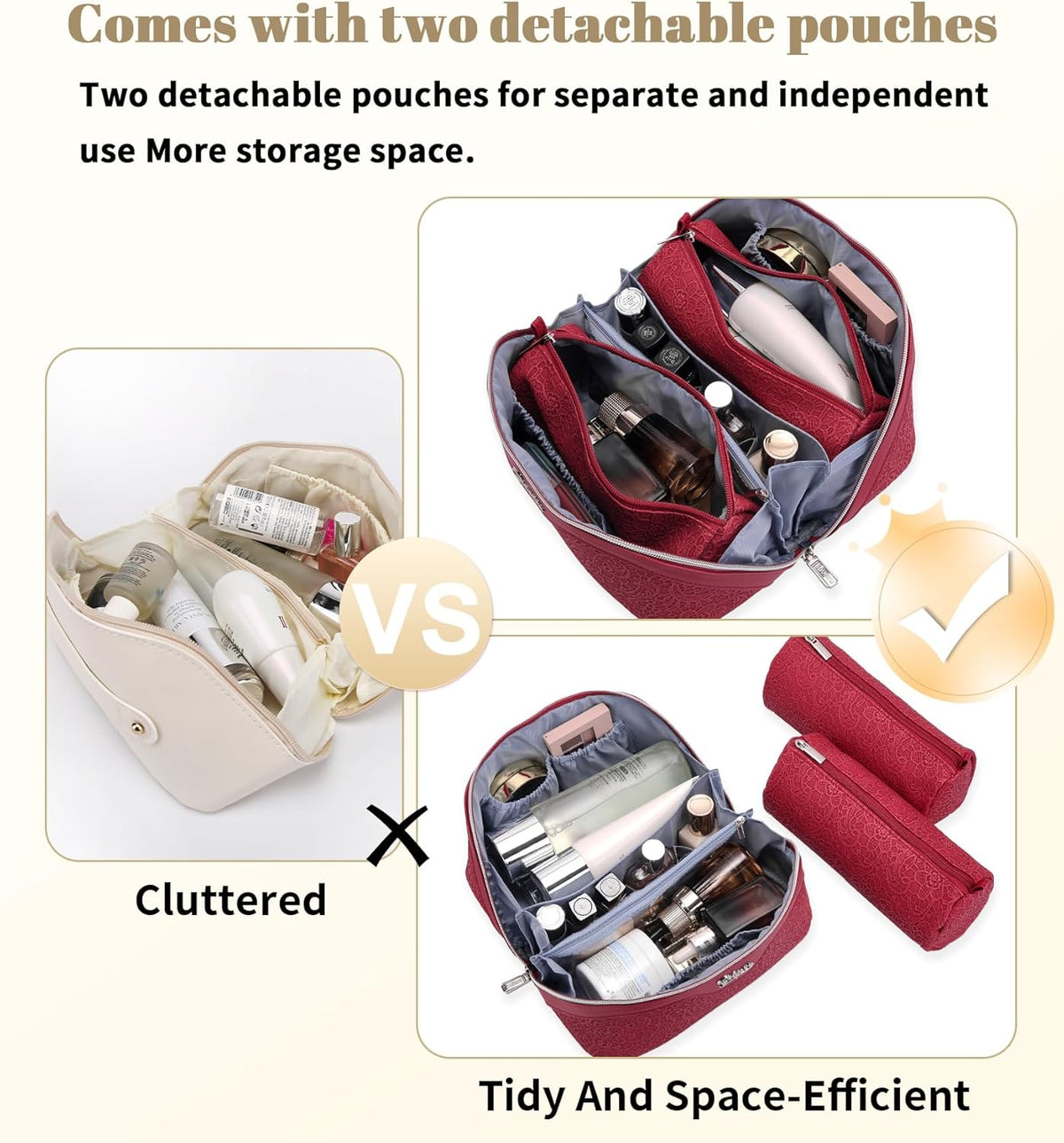 Travel Makeup Bags Cosmetic Organizer Bag: 3-Set Large Capacity Make up Bag - PU Leather Toiletry Bags for Women - Wide Open Portable Pouch with Divider & Handle (02-Light Green)