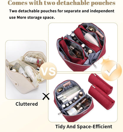 Travel Makeup Bags Cosmetic Organizer Bag: 3-Set Large Capacity Make up Bag - PU Leather Toiletry Bags for Women - Wide Open Portable Pouch with Divider & Handle (02-Light Green)