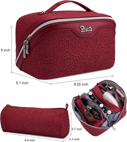 Travel Makeup Bags Cosmetic Organizer Bag: 3-Set Large Capacity Make up Bag - PU Leather Toiletry Bags for Women - Wide Open Portable Pouch with Divider & Handle (02-Light Green)
