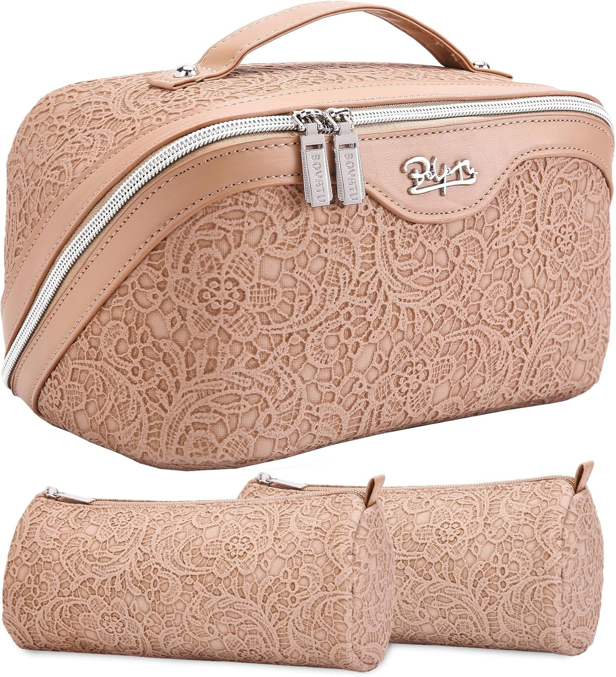 Travel Makeup Bags Cosmetic Organizer Bag: 3-Set Large Capacity Make up Bag - PU Leather Toiletry Bags for Women - Wide Open Portable Pouch with Divider & Handle (02-Light Green)