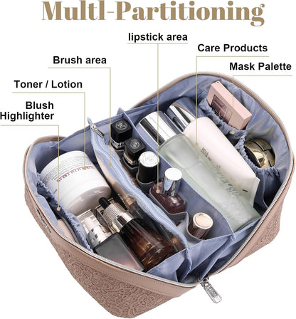 Travel Makeup Bags Cosmetic Organizer Bag: 3-Set Large Capacity Make up Bag - PU Leather Toiletry Bags for Women - Wide Open Portable Pouch with Divider & Handle (02-Light Green)