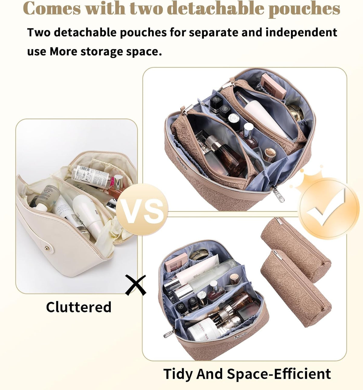 Travel Makeup Bags Cosmetic Organizer Bag: 3-Set Large Capacity Make up Bag - PU Leather Toiletry Bags for Women - Wide Open Portable Pouch with Divider & Handle (02-Light Green)
