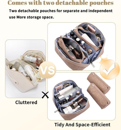 Travel Makeup Bags Cosmetic Organizer Bag: 3-Set Large Capacity Make up Bag - PU Leather Toiletry Bags for Women - Wide Open Portable Pouch with Divider & Handle (02-Light Green)