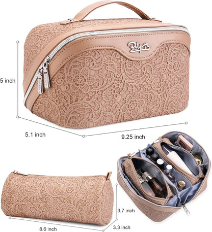 Travel Makeup Bags Cosmetic Organizer Bag: 3-Set Large Capacity Make up Bag - PU Leather Toiletry Bags for Women - Wide Open Portable Pouch with Divider & Handle (02-Light Green)