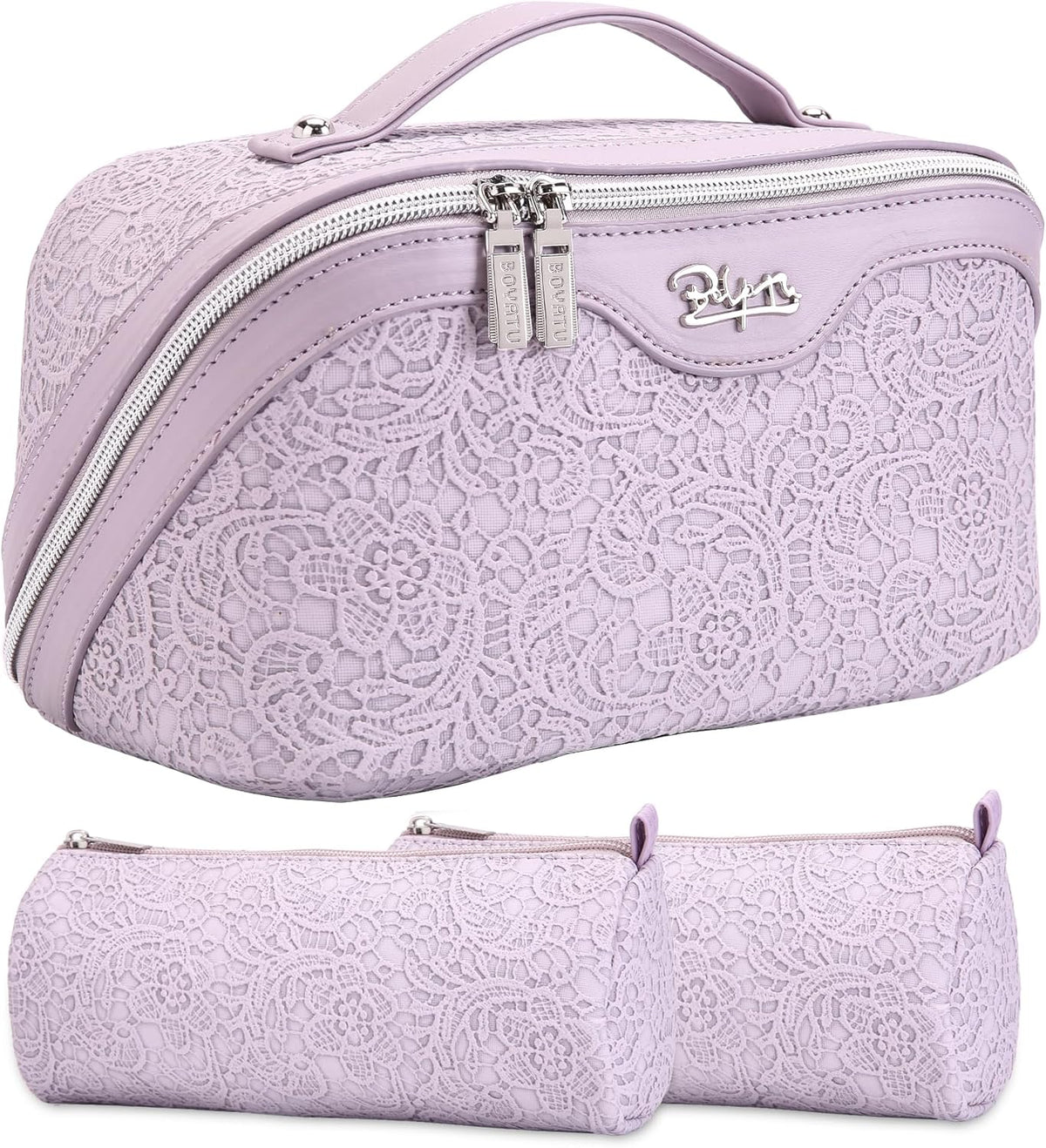 Travel Makeup Bags Cosmetic Organizer Bag: 3-Set Large Capacity Make up Bag - PU Leather Toiletry Bags for Women - Wide Open Portable Pouch with Divider & Handle (02-Light Green)
