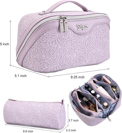 Travel Makeup Bags Cosmetic Organizer Bag: 3-Set Large Capacity Make up Bag - PU Leather Toiletry Bags for Women - Wide Open Portable Pouch with Divider & Handle (02-Light Green)