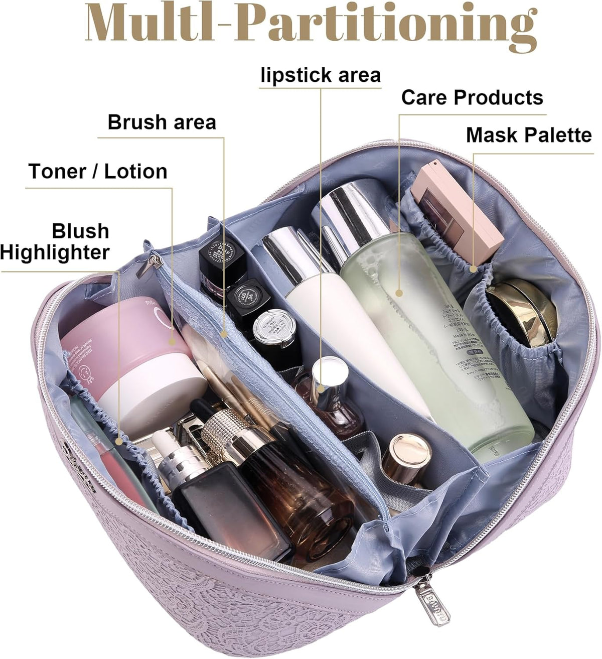Travel Makeup Bags Cosmetic Organizer Bag: 3-Set Large Capacity Make up Bag - PU Leather Toiletry Bags for Women - Wide Open Portable Pouch with Divider & Handle (02-Light Green)