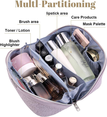Travel Makeup Bags Cosmetic Organizer Bag: 3-Set Large Capacity Make up Bag - PU Leather Toiletry Bags for Women - Wide Open Portable Pouch with Divider & Handle (02-Light Green)
