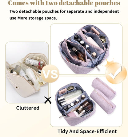 Travel Makeup Bags Cosmetic Organizer Bag: 3-Set Large Capacity Make up Bag - PU Leather Toiletry Bags for Women - Wide Open Portable Pouch with Divider & Handle (02-Light Green)
