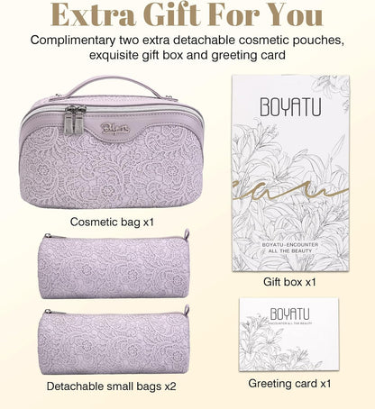 Travel Makeup Bags Cosmetic Organizer Bag: 3-Set Large Capacity Make up Bag - PU Leather Toiletry Bags for Women - Wide Open Portable Pouch with Divider & Handle (02-Light Green)