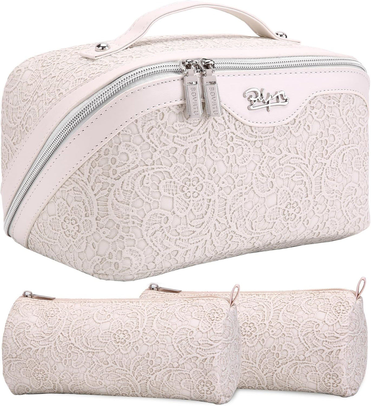 Travel Makeup Bags Cosmetic Organizer Bag: 3-Set Large Capacity Make up Bag - PU Leather Toiletry Bags for Women - Wide Open Portable Pouch with Divider & Handle (02-Light Green)