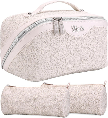 Travel Makeup Bags Cosmetic Organizer Bag: 3-Set Large Capacity Make up Bag - PU Leather Toiletry Bags for Women - Wide Open Portable Pouch with Divider & Handle (02-Light Green)