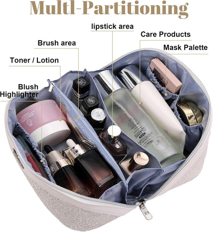 Travel Makeup Bags Cosmetic Organizer Bag: 3-Set Large Capacity Make up Bag - PU Leather Toiletry Bags for Women - Wide Open Portable Pouch with Divider & Handle (02-Light Green)