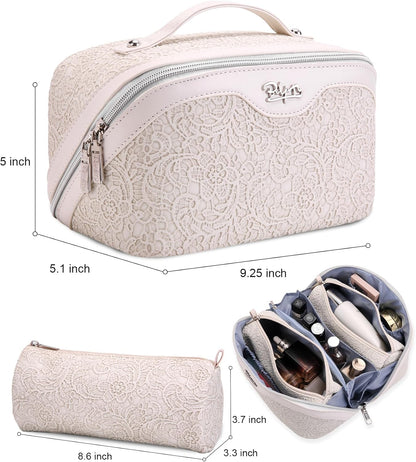 Travel Makeup Bags Cosmetic Organizer Bag: 3-Set Large Capacity Make up Bag - PU Leather Toiletry Bags for Women - Wide Open Portable Pouch with Divider & Handle (02-Light Green)