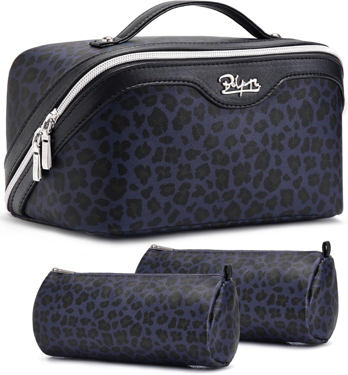 Travel Makeup Bags Cosmetic Organizer Bag: 3-Set Large Capacity Make up Bag - PU Leather Toiletry Bags for Women - Wide Open Portable Pouch with Divider & Handle (02-Light Green)