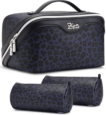 Travel Makeup Bags Cosmetic Organizer Bag: 3-Set Large Capacity Make up Bag - PU Leather Toiletry Bags for Women - Wide Open Portable Pouch with Divider & Handle (02-Light Green)