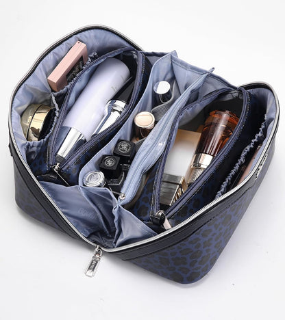 Travel Makeup Bags Cosmetic Organizer Bag: 3-Set Large Capacity Make up Bag - PU Leather Toiletry Bags for Women - Wide Open Portable Pouch with Divider & Handle (02-Light Green)