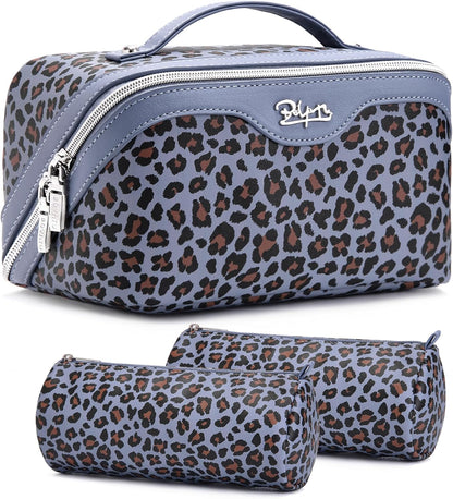 Travel Makeup Bags Cosmetic Organizer Bag: 3-Set Large Capacity Make up Bag - PU Leather Toiletry Bags for Women - Wide Open Portable Pouch with Divider & Handle (02-Light Green)