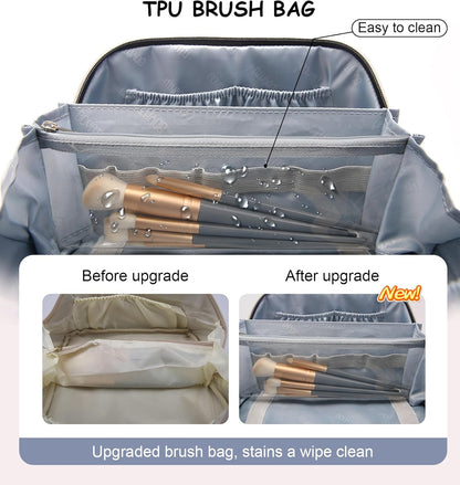 Travel Makeup Bags Cosmetic Organizer Bag: 3-Set Large Capacity Make up Bag - PU Leather Toiletry Bags for Women - Wide Open Portable Pouch with Divider & Handle (02-Light Green)
