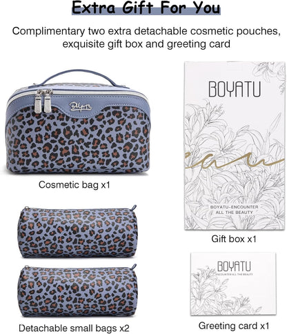 Travel Makeup Bags Cosmetic Organizer Bag: 3-Set Large Capacity Make up Bag - PU Leather Toiletry Bags for Women - Wide Open Portable Pouch with Divider & Handle (02-Light Green)