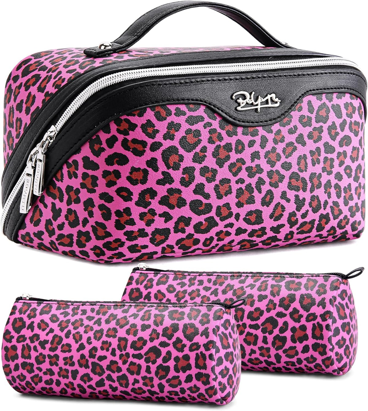 Travel Makeup Bags Cosmetic Organizer Bag: 3-Set Large Capacity Make up Bag - PU Leather Toiletry Bags for Women - Wide Open Portable Pouch with Divider & Handle (02-Light Green)