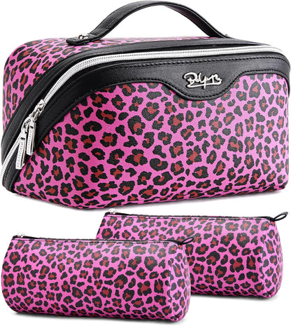 Travel Makeup Bags Cosmetic Organizer Bag: 3-Set Large Capacity Make up Bag - PU Leather Toiletry Bags for Women - Wide Open Portable Pouch with Divider & Handle (02-Light Green)