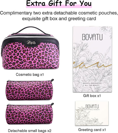 Travel Makeup Bags Cosmetic Organizer Bag: 3-Set Large Capacity Make up Bag - PU Leather Toiletry Bags for Women - Wide Open Portable Pouch with Divider & Handle (02-Light Green)