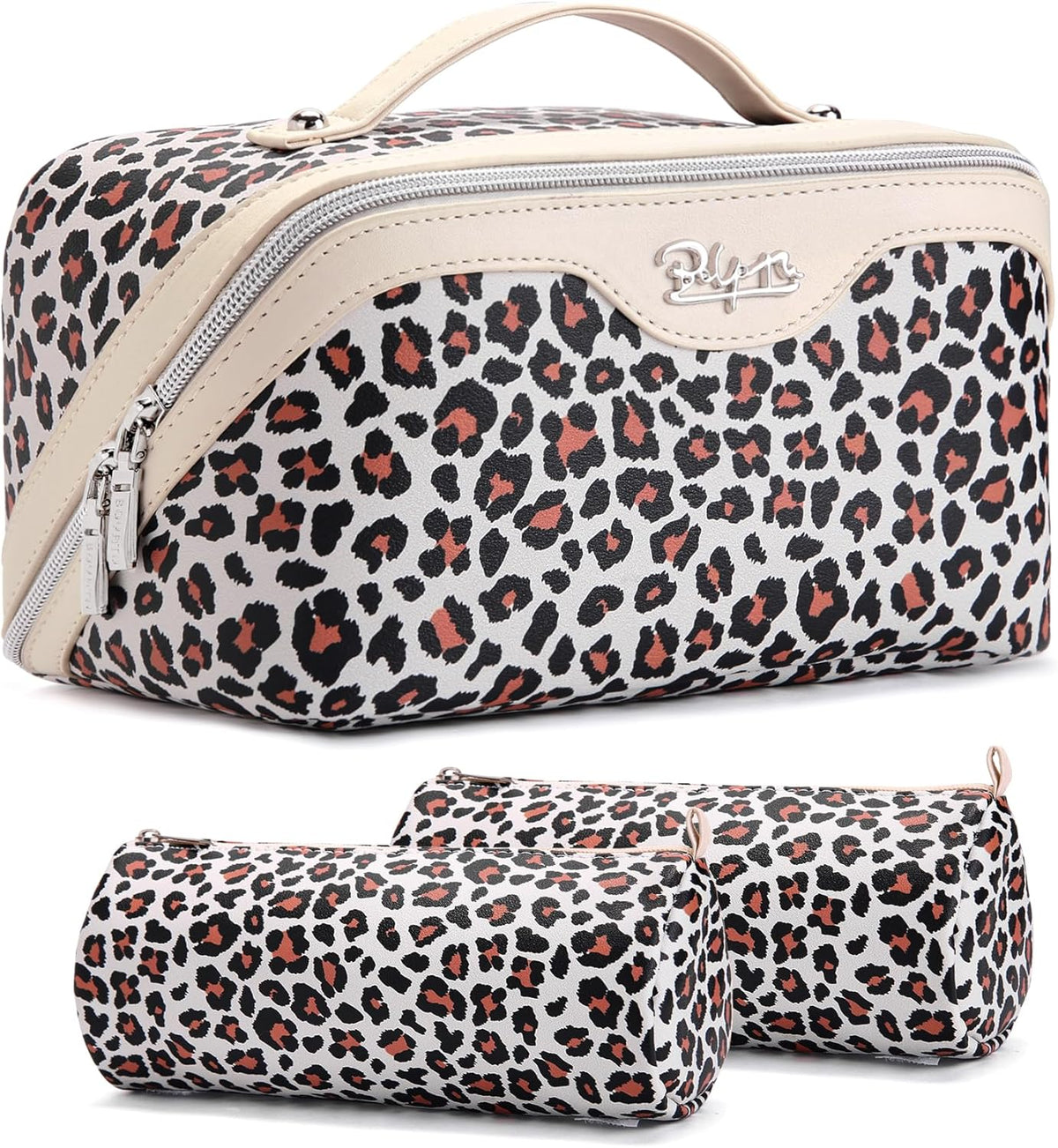 Travel Makeup Bags Cosmetic Organizer Bag: 3-Set Large Capacity Make up Bag - PU Leather Toiletry Bags for Women - Wide Open Portable Pouch with Divider & Handle (02-Light Green)